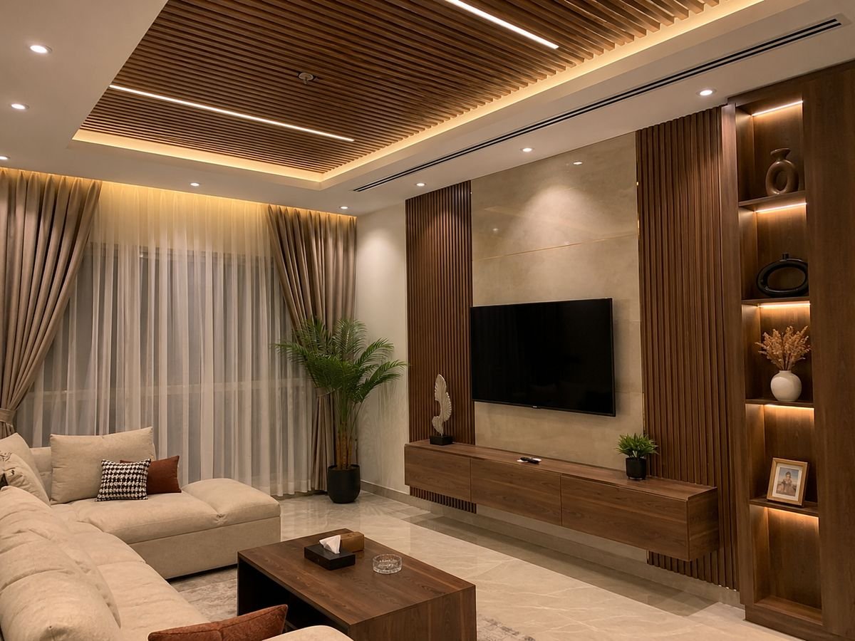 A living room with a wood slat ceiling and wooden TV wall